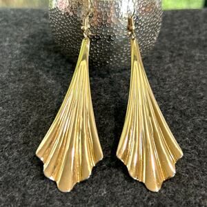 Vintage Gold Tone Fan Drop Earrings, 3.75 Inches